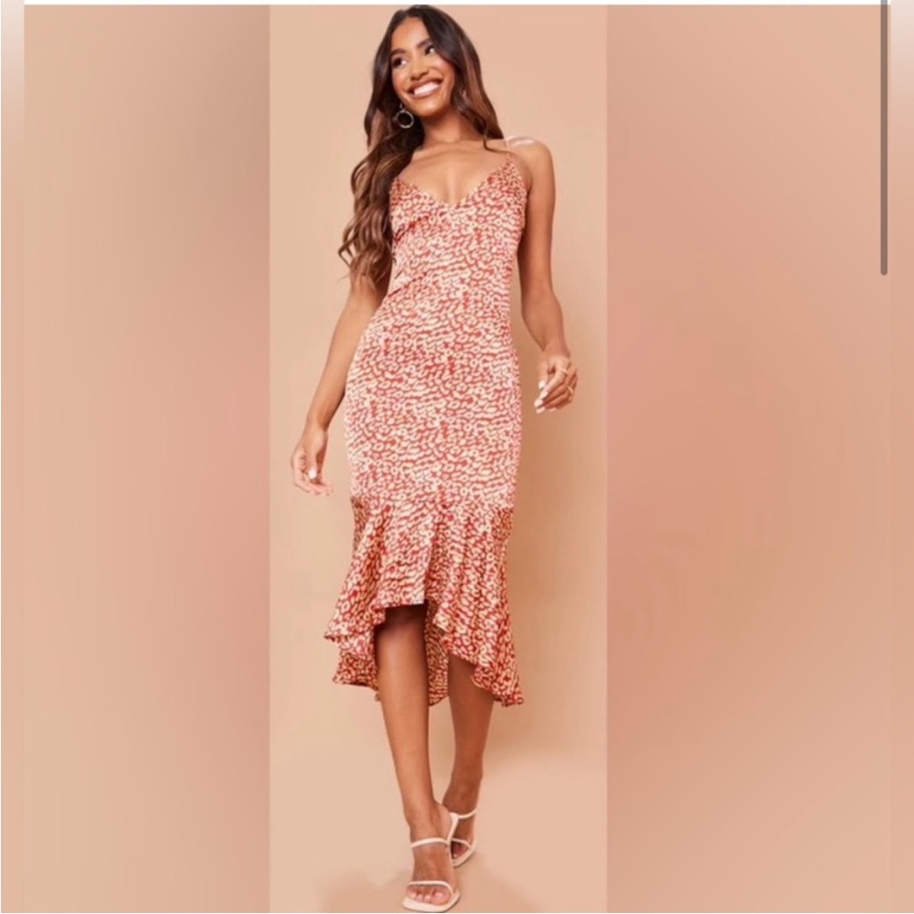 Red leopard print frill hem midi dress